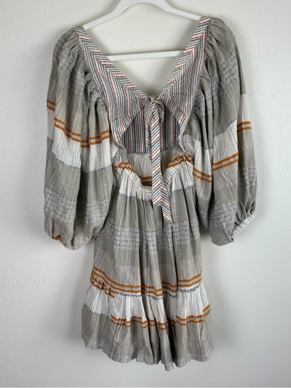 Free People Cozy Striped Peasant Mini Dress Size S Open Back Ivory Combo NWT